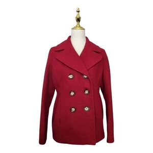 Michael Kors Red Wool Blend Double Breasted Pea Coat,‎ Size Medium